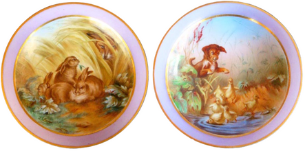 Antique Opaline Glass bowls Handpainted Animals Dog Ducklings Rabbits Fox (3666)