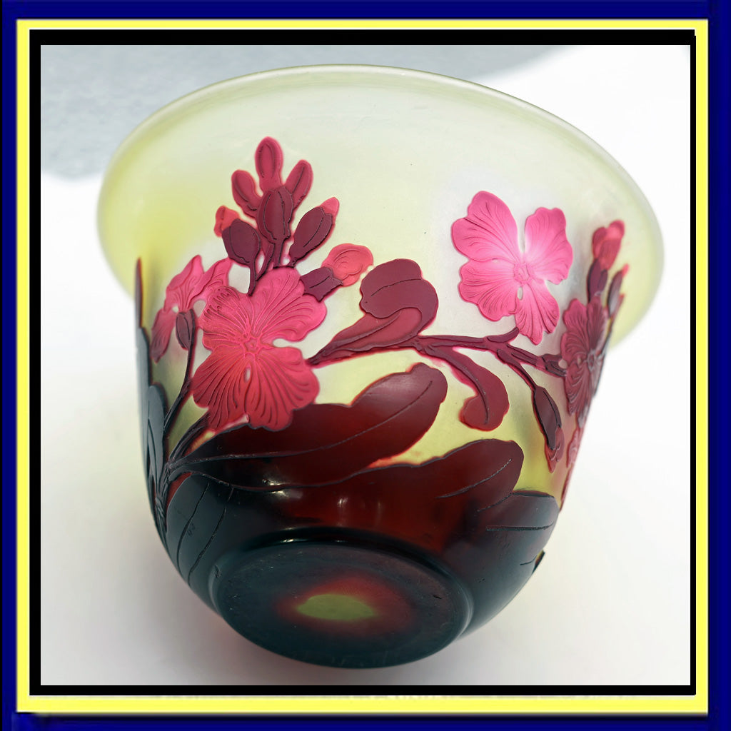 Antique Signed Emile Gallé Cameo Glass Vase Bowl Exquisite Floral Carving(#3138)