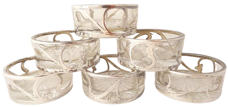 Antique Vintage Sterling Silver Cut Glass Set 6 open Salts in Box (3197)