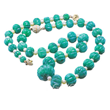 Estate Carved Emeralds and Pearls Necklace Bracelet Set (5677)