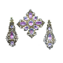Antique Georgian Earrings Brooch Pendant Set Gold Cannetille Foiled Gems (6938)