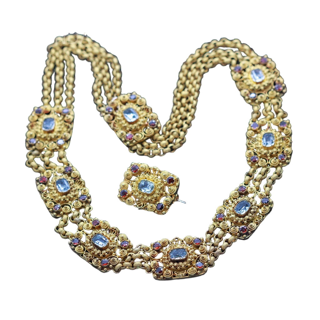 Antique Georgian cannetille necklace brooch set 22k gold aquamarine garnet (6959