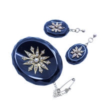 Antique Victorian Earrings Brooch Mourning Set Jewelry Gold Onyx Pearls (6974)