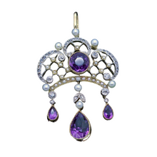 Antique Edwardian Pendant 18k Gold Diamonds Pearls Amethysts English C1900 (6988)