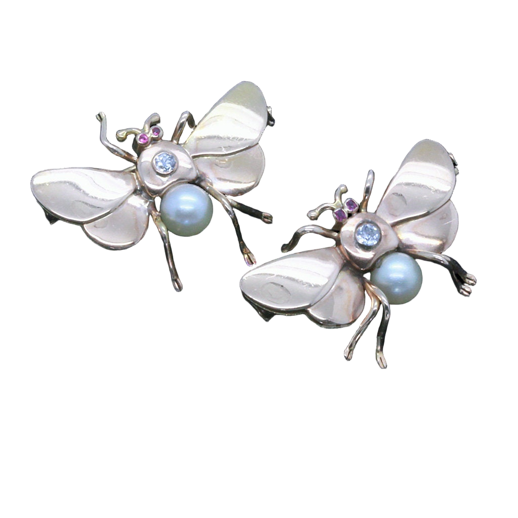 Vintage Retro Pair Butterfly Brooches Gold Diamonds Rubies Pearls Unisex (6999)