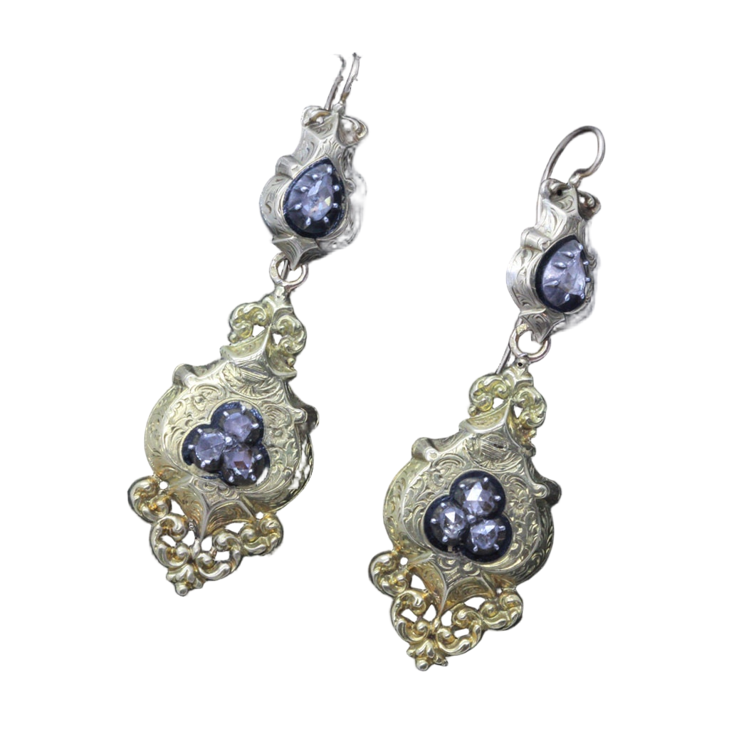 Antique Georgian French Earrings 18k Gold Diamonds Long Ear Pendants (7006)