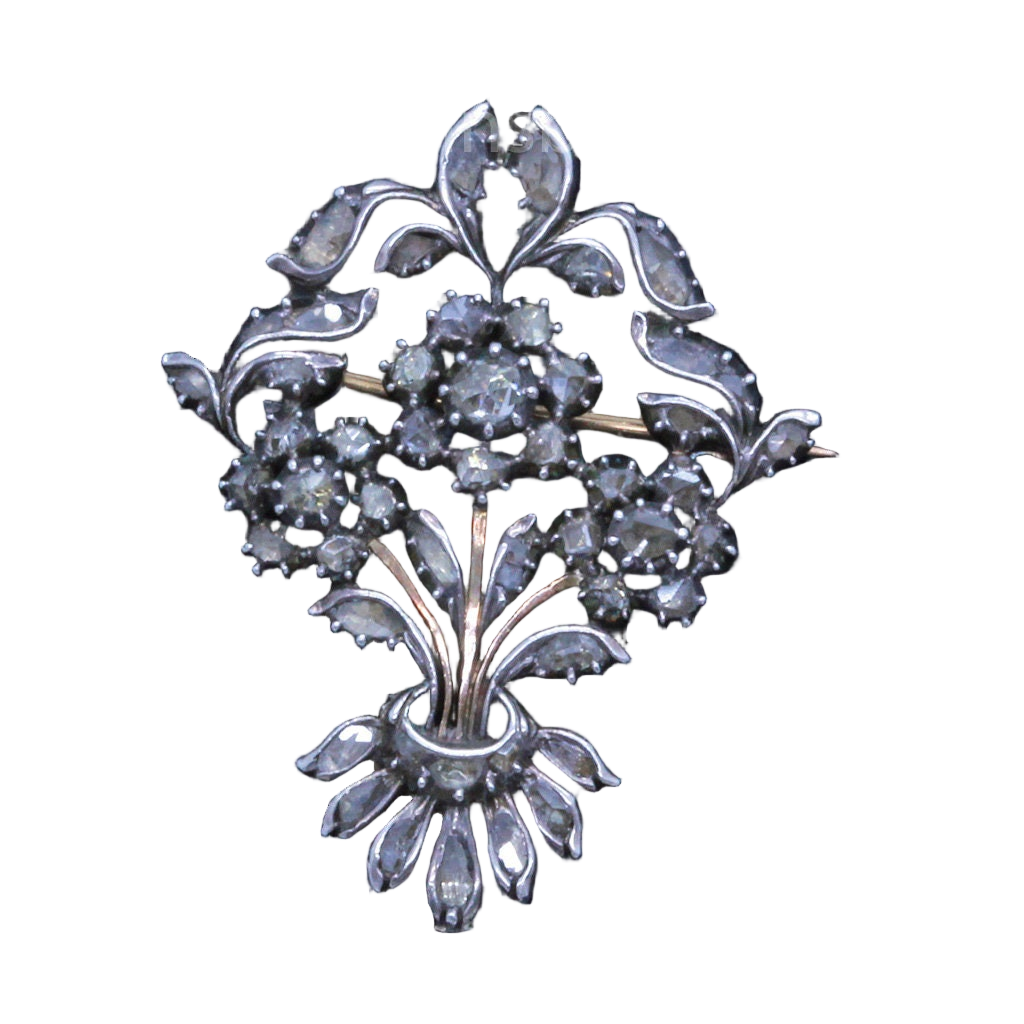 Antique Georgian French Giardinetti Brooch Silver Gold Diamonds Unisex (7022)