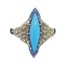 Antique Art Nouveau Ring 18k Gold Turquoise Diamonds Navette Eugene Barral (7051)