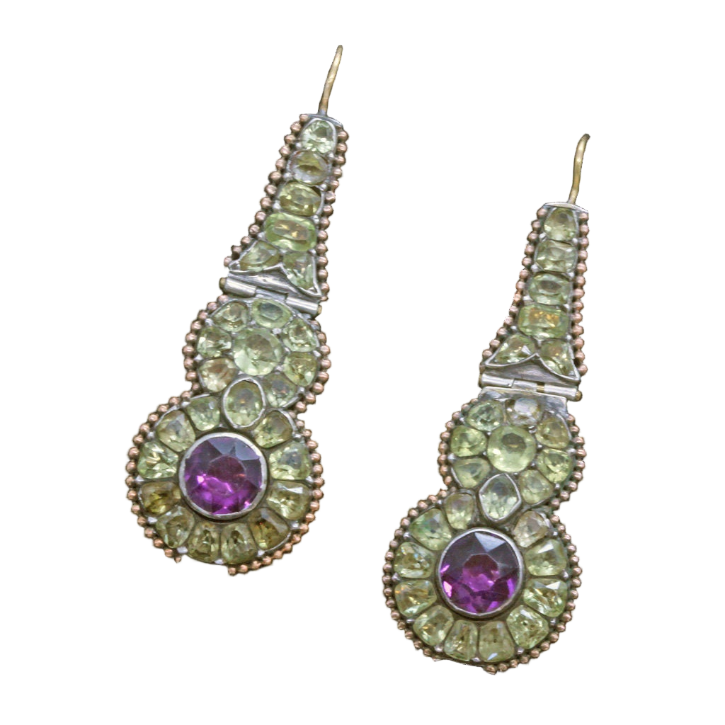 Antique Georgian Earrings Chrysoberyl Amethysts Iberian Ear Pendants 18C (7033)