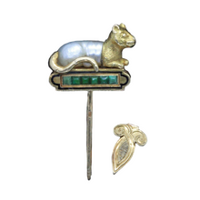 Antique Scarf Pin Brooch 18k Gold Natural Pearl Jade Cat French Unisex (7065)