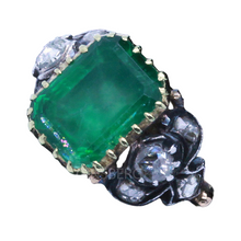 Antique Victorian Emerald and Diamond ring 18k Gold and Silver, French (7089)