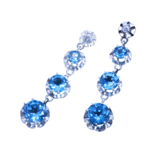 Art Deco Vintage long Earrings 18k White Gold Diamonds Blue Topaz French (7093)