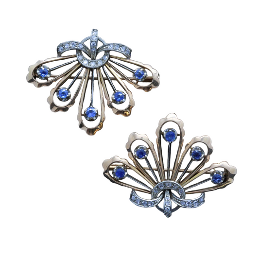 Vintage Retro Pair Brooches 18k Gold Diamonds Sapphires c1940 (7157)