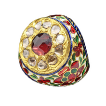 Mughal Ring 22k Gold Diamonds Garnet Enamel Man's Jewelry w Appraisal (4733)