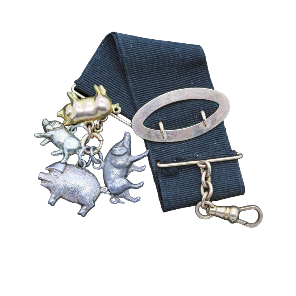 Antique Victorian Watch Fob w Pig Charms Various Metals (6660)