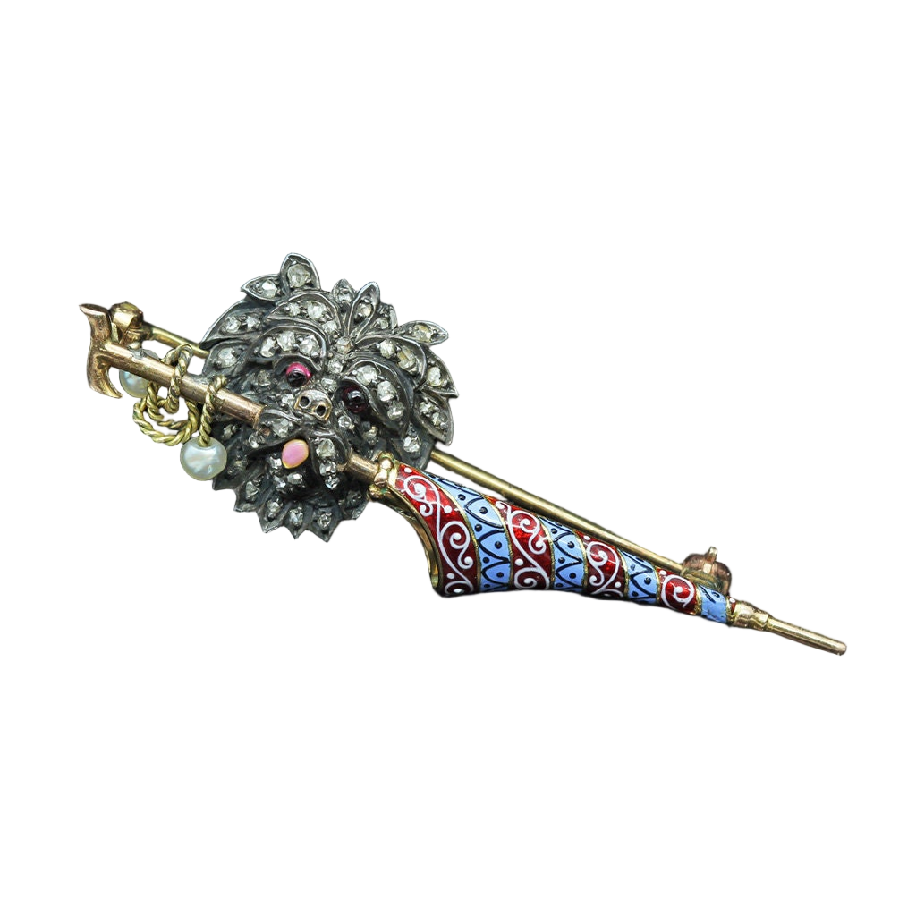 Antique Victorian Brooch Dog Umbrella Gold Silver Diamonds Enamel Pearls (6343)