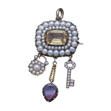 Antique Georgian Pendant Brooch Lock Key Heart Gold Topaz Pearls Garnet (7163)