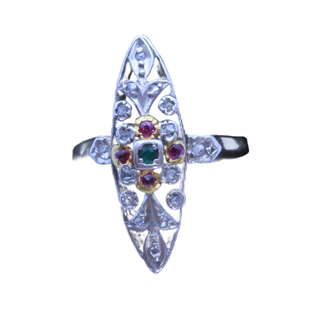 Antique Victorian Art Nouveau French Ring 18k Gold Rubies Emeralds Diamond (7188)