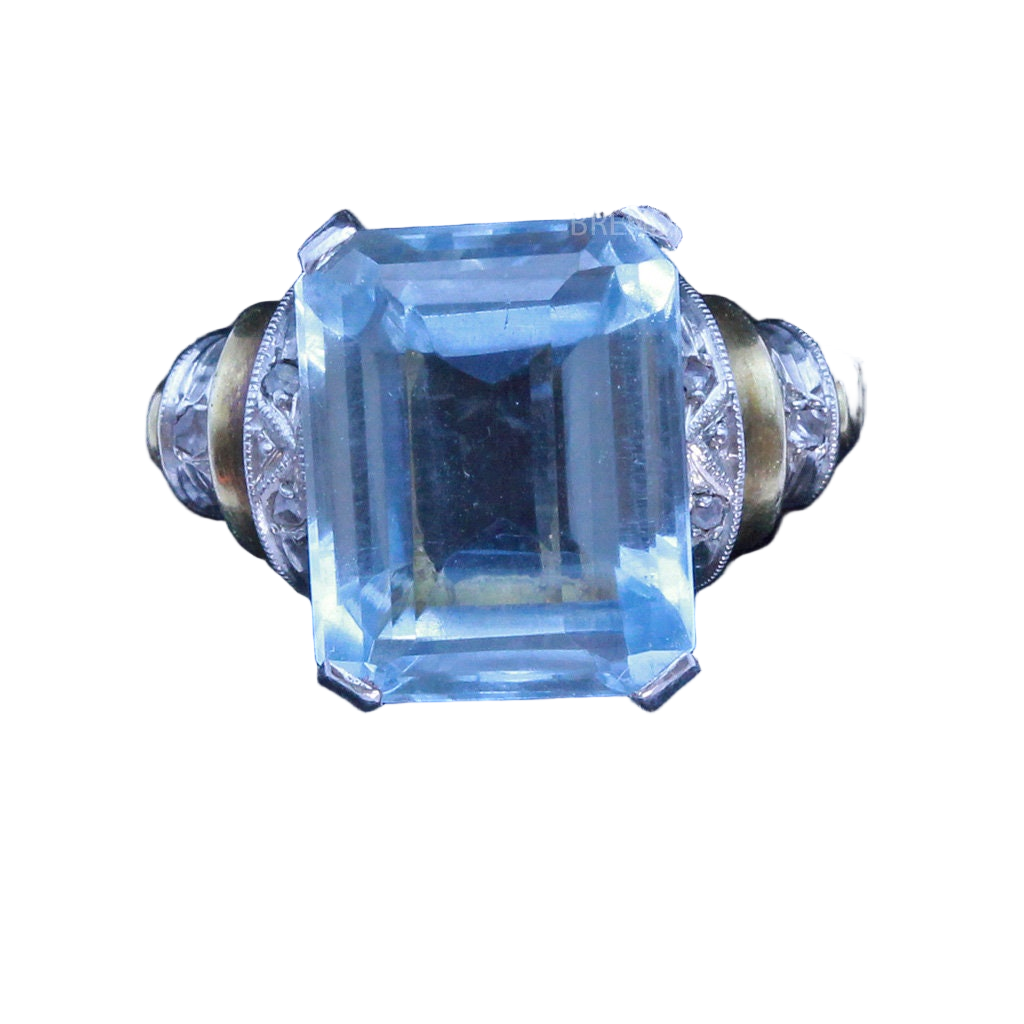 Antique Vintage Retro Ring Blue Topaz Diamonds 14k Gold Art Deco Design (7139)