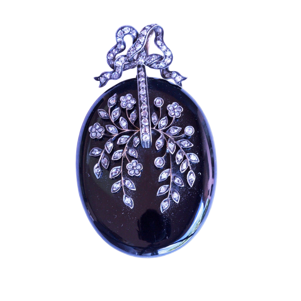 Antique Victorian Pendant Locket 18k Gold Diamonds Onyx Silver (7175)