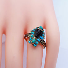 Victorian Ring Egyptian Revival Pharaoh Gold Diamonds Turquoise Enamel Onyx(5872)