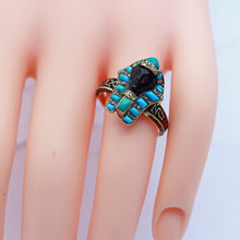 Victorian Ring Egyptian Revival Pharaoh Gold Diamonds Turquoise Enamel Onyx(5872)