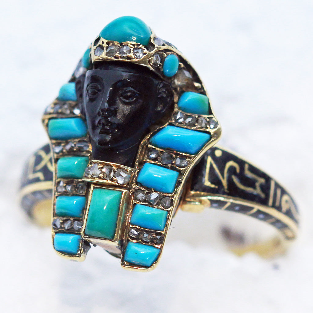Victorian Ring Egyptian Revival Pharaoh Gold Diamonds Turquoise Enamel Onyx(5872)