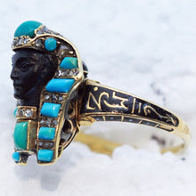 Victorian Ring Egyptian Revival Pharaoh Gold Diamonds Turquoise Enamel Onyx(5872)