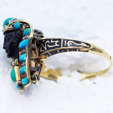 Victorian Ring Egyptian Revival Pharaoh Gold Diamonds Turquoise Enamel Onyx(5872)
