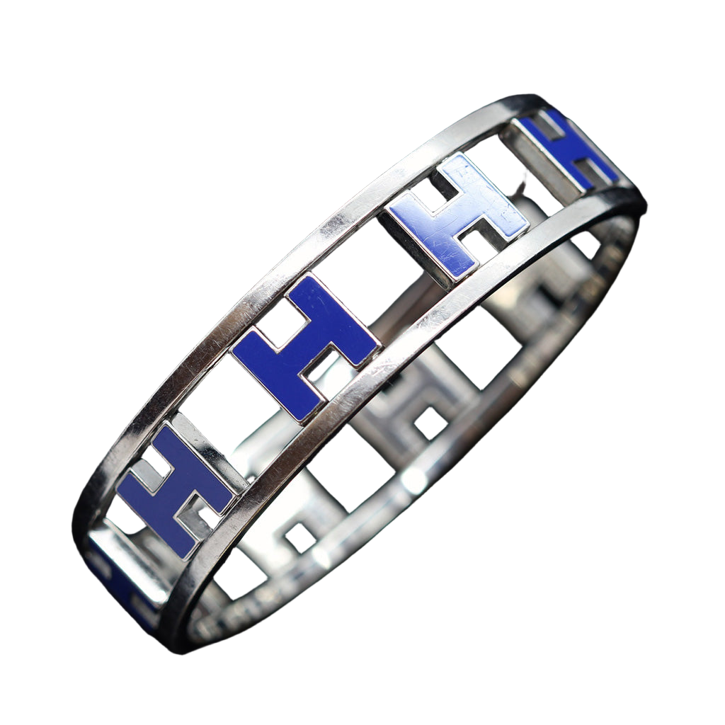 Hermes H Bangle Vintage Retired Blue Enamel Multiple H's Swivels Reverse (6258)