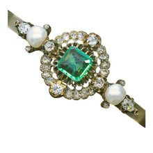 Victorian Bangle Bracelet Emerald Diamonds Pearls 14k Gold Antique Jewelry (6612)