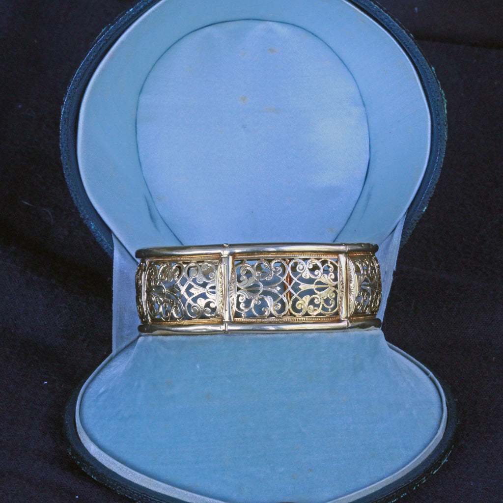 Antique Victorian cuff bracelet bangle 18k gold openwork LAROCHE Paris Box (7310)