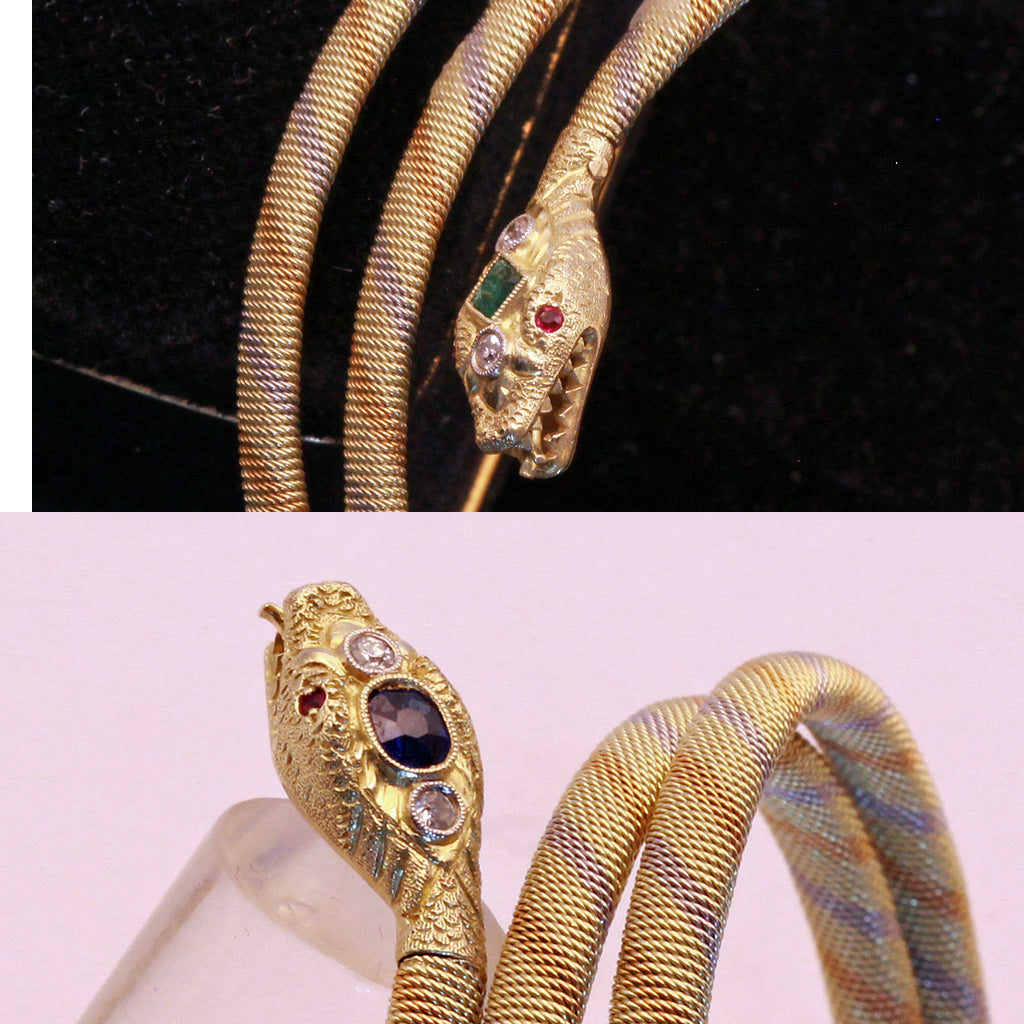 Antique Art Deco snake bangle bracelet gold diamonds sapphires emeralds (7332)