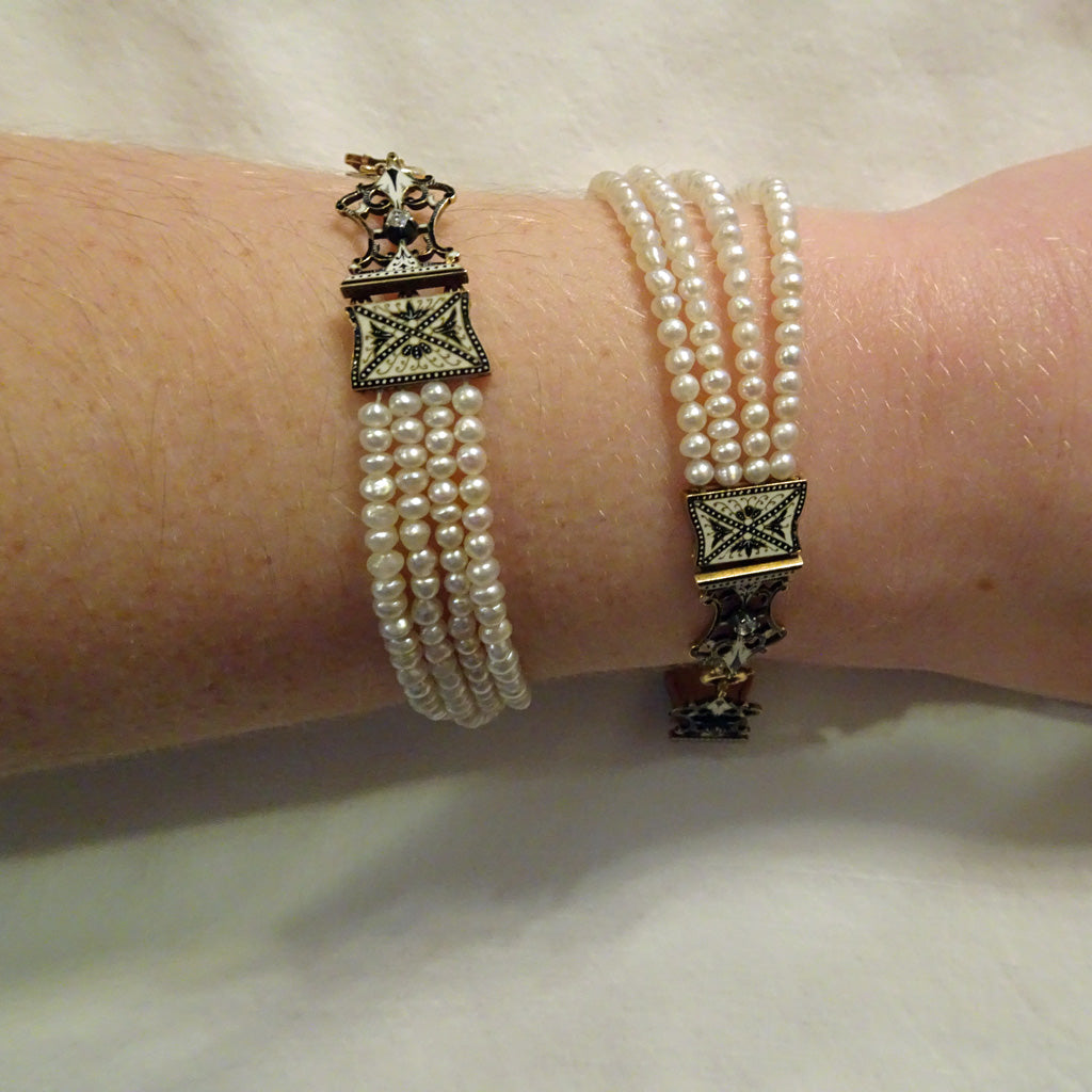 C&A Giuliano bracelets pearls gold enamel diamonds bridal pair Victorian (7377)