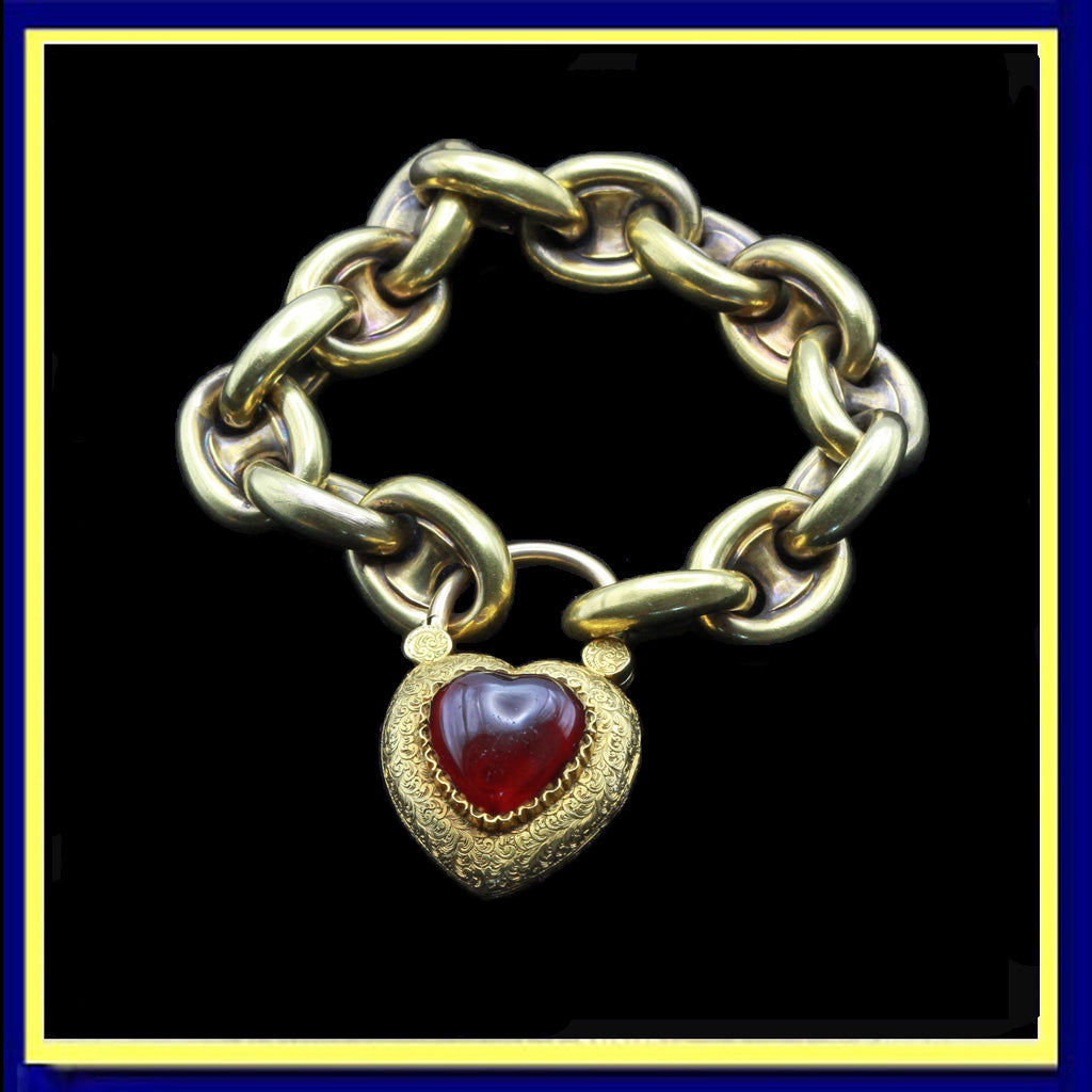Antique Georgian gold chain bracelet heart padlock locket garnet