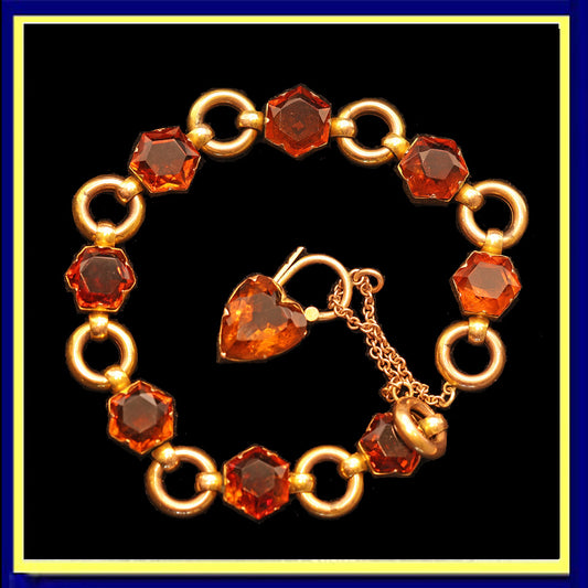 Antique Victorian bracelet gold citrines heart padlock clasp English (7505)