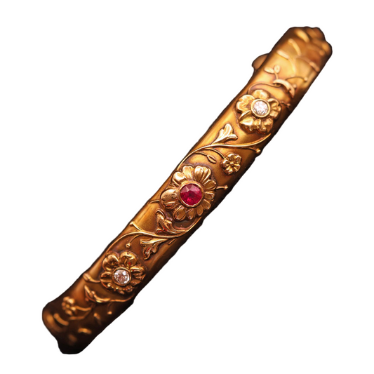 Antique Art Nouveau bangle bracelet 14k gold ruby diamonds flowers American(7568)