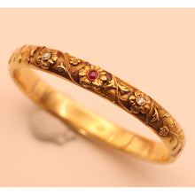 Antique Art Nouveau bangle bracelet 14k gold ruby diamonds flowers American white background