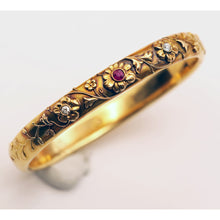 Antique Art Nouveau bangle bracelet 14k gold ruby diamonds flowers American(7568)