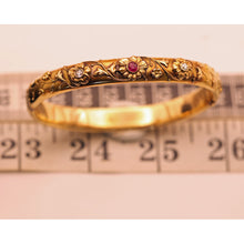 Antique Art Nouveau bangle bracelet 14k gold ruby diamonds flowers American showing size