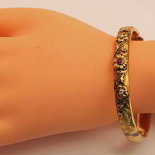 Antique Art Nouveau bangle bracelet 14k gold ruby diamonds flowers American(7568)