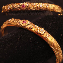 Antique Art Nouveau bangle bracelet 14k gold ruby diamonds flowers American(7568)