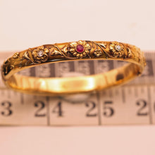 Antique Art Nouveau bangle bracelet 14k gold ruby diamonds flowers American(7568)