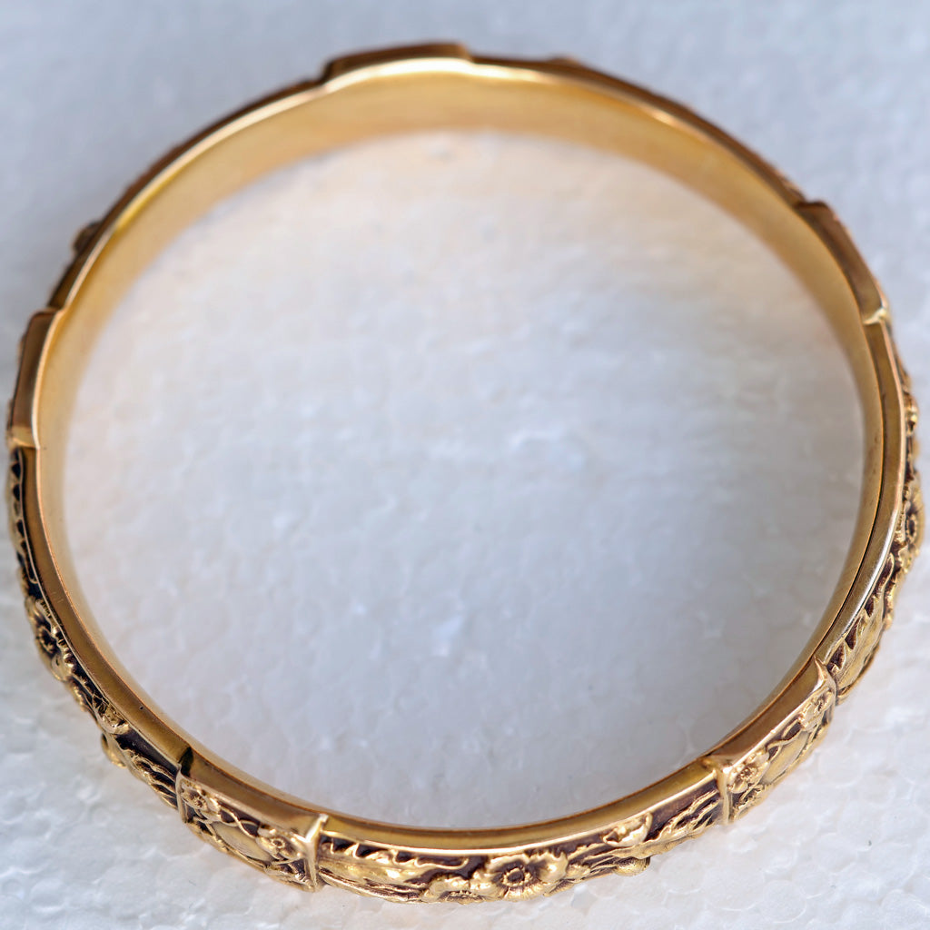 Antique Victorian American Art Nouveau bangle bracelet 14k gold repousse (7569)