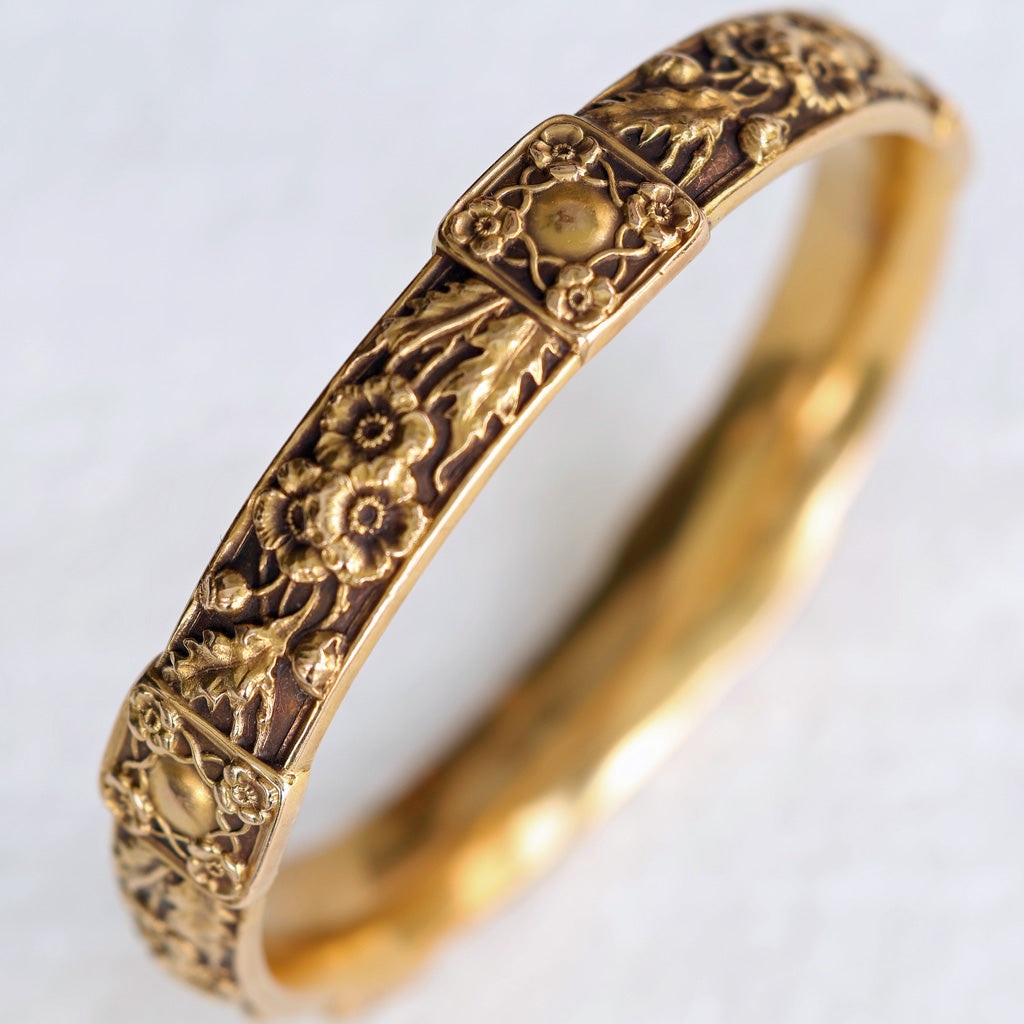 Antique Victorian American Art Nouveau bangle bracelet 14k gold repousse (7569)