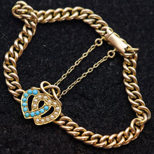 Antique Victorian gold chain intertwined hearts pearls turquoise England (7633)