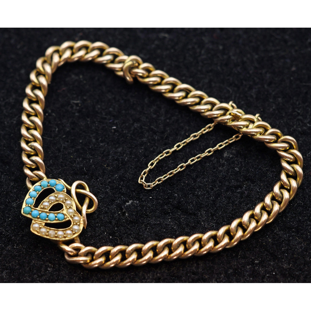 Antique Victorian gold chain intertwined hearts pearls turquoise England (7633)