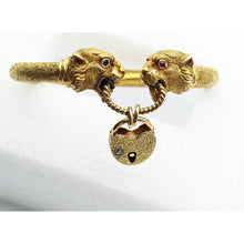 Antique Victorian Bangle Bracelet gold panther lion heads heart lock key (7649)