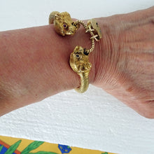 Antique Victorian Bangle Bracelet gold panther lion heads heart lock key (7649)