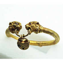 Antique Victorian Bangle Bracelet gold panther lion heads heart lock key (7649)